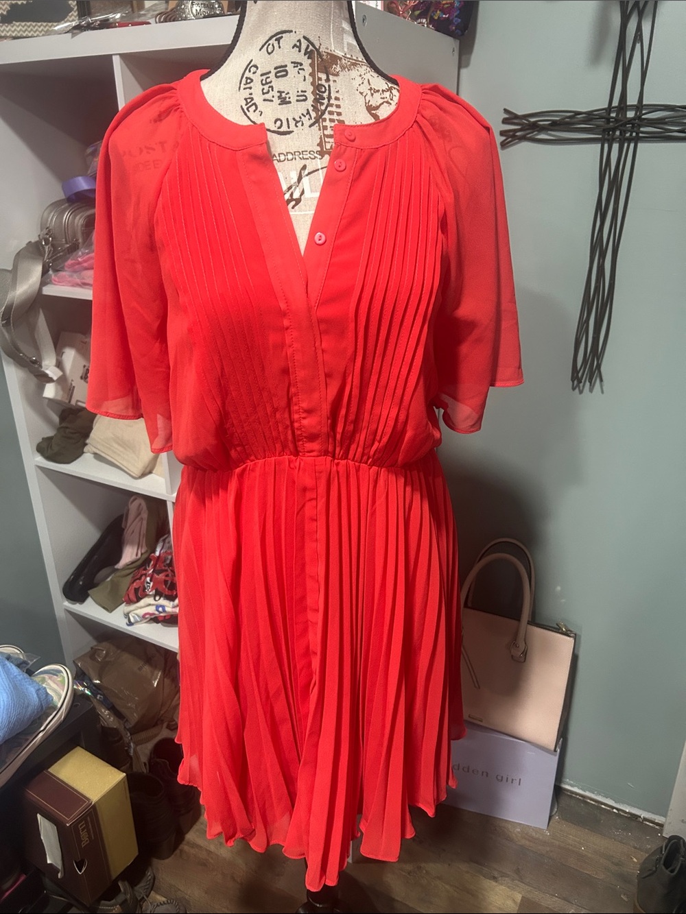 Red Pleated Women’s Dress PTP 19.5” L 21”